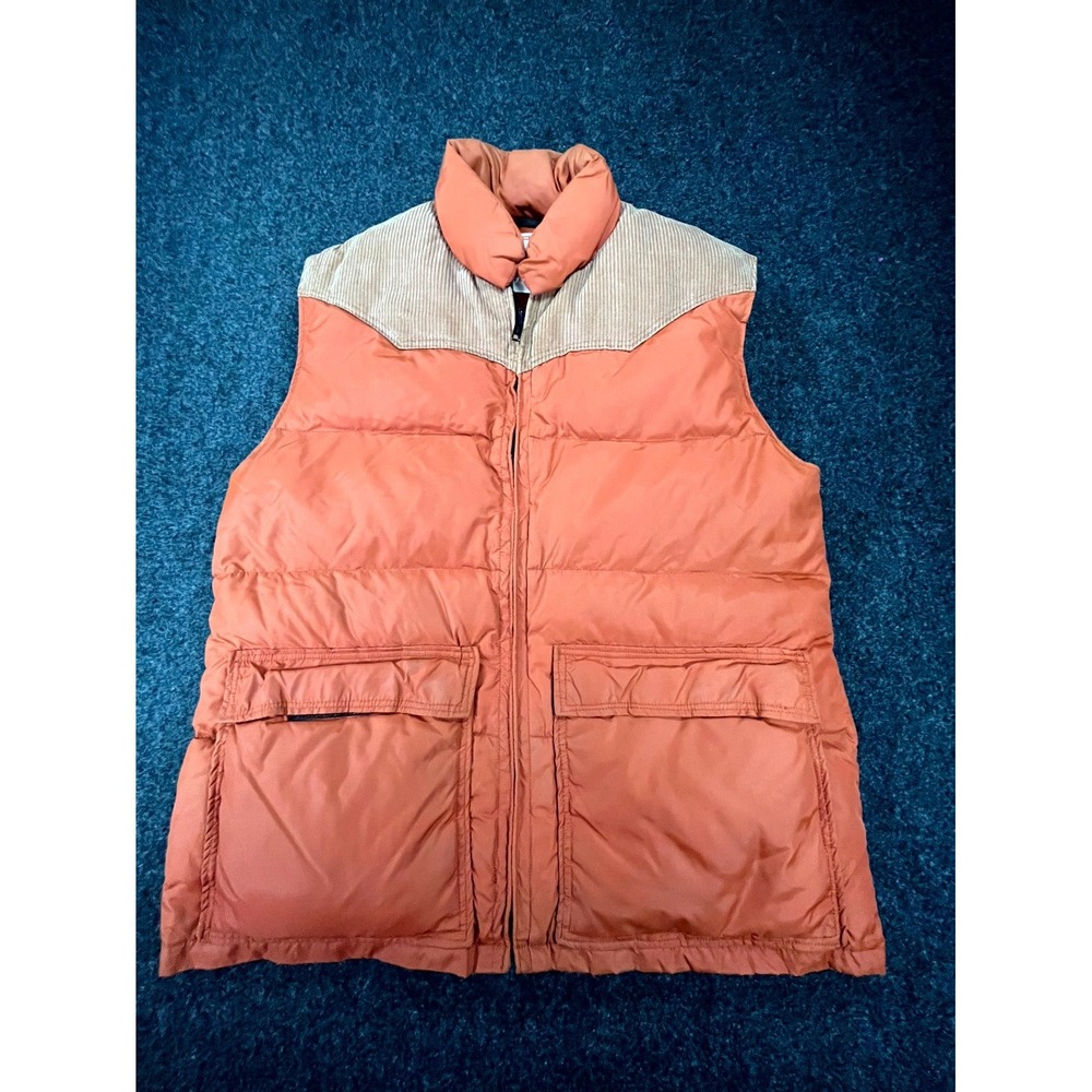 Vintage 70s Frostline Kit Puffer Down Vest Mens Orange Yoke Corduroy Full Zip